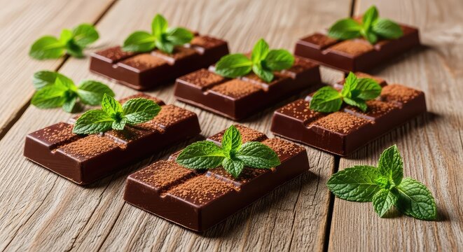 Handcrafted dark chocolate bars topped with fresh green mint leaves and sprinkled with cocoa powder on a rustic wooden table surface, table, wooden, green
