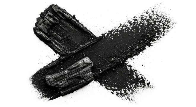 Heavy black charcoal residue creates a dark smear across a bright white background, revealing intense gritty texture and messy coal dust, soot, grain, contrast