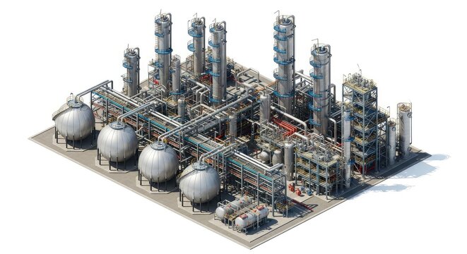 High-angle isometric view of a large-scale industrial chemical refinery plant featuring complex piping, storage tanks, and tall towers, industrial, processing, steel