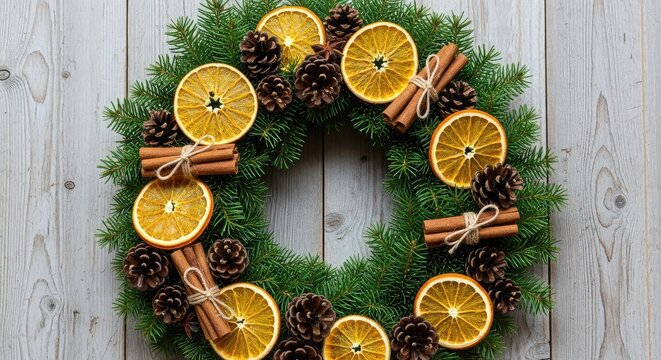 Handcrafted rustic Christmas wreath featuring dried orange slices, fragrant cinnamon sticks, and pinecones on a weathered wood background, handmade, scent, cedar