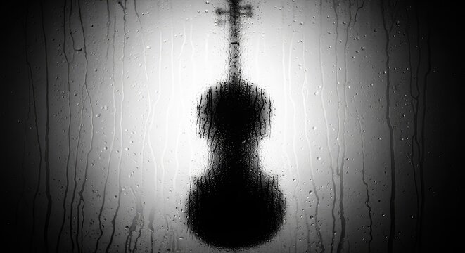 Monochromatic artistic blur of a violin silhouette behind condensation on glass, creating a mysterious and moody atmosphere with shadows, contrast, performance, shape