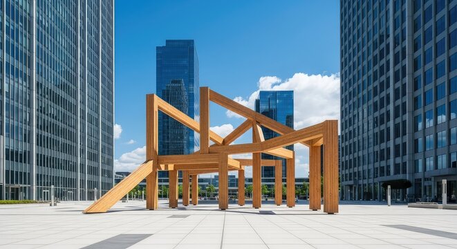 Minimalist wooden architecture sits in a central urban plaza, flanked by tall glass city towers against a vibrant and clear blue midday sky, city, contemporary, downtown