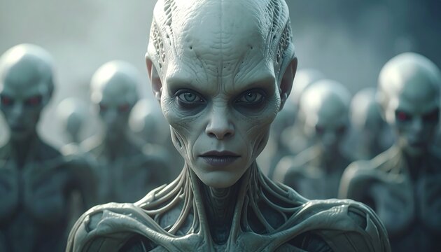A close-up of a pale-skinned, bald humanoid with large eyes and a group of similar beings in the background