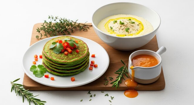 Nutritious green lentil pancakes served alongside savory semolina porridge and zesty ginger sauce on a wooden surface with fresh garnishes, herbs, sauce, delicious