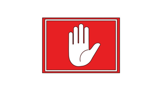 Stop Hand Sign Icon, Red Rectangle with White Palm Silhouette, Warning Symbol