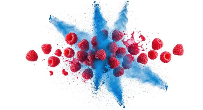 Vibrant red raspberries collide with bursts of electric blue powder in a high-speed motion splash, creating a dynamic and colorful display, burst, particles, dust