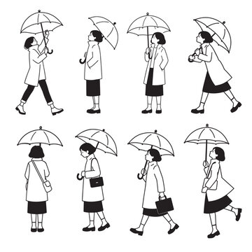 Woman with Umbrella Pose Set Black Line Illustration