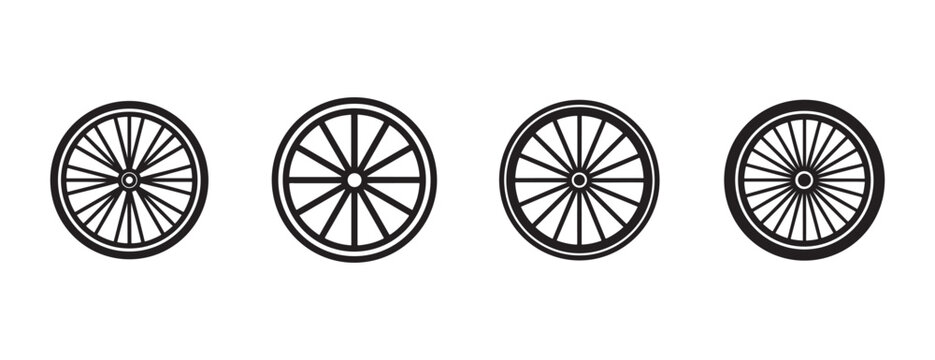 wagon wheel icons in black and white with various spoke designs on white background  wheel icons  wagon wheels