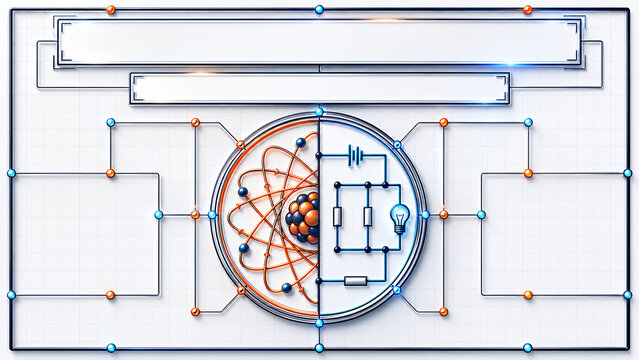 Science circuit lesson template, atoms and electrical system diagram with blank education panels