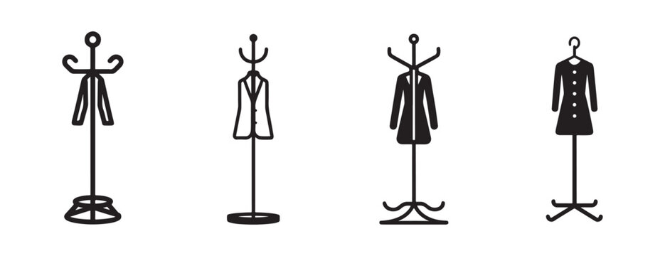 Line drawing of four clothing racks with different garments hanging on them