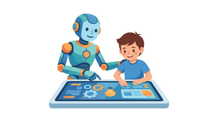 Fototapeta premium Robot and Child Interacting with Futuristic Technology Together.