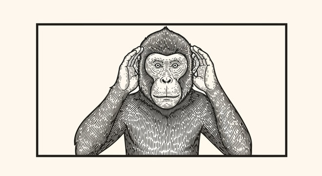 Monkey Covering Ears, Illustration of Not Listening or Ignoring.