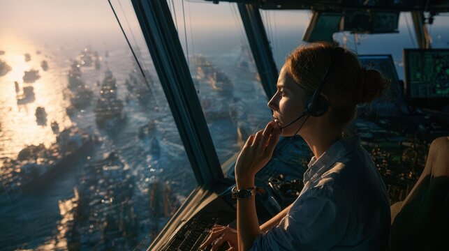 A female traffic controller wearing a headset sits in a port control room overlooking a busy harbor at sunset.
