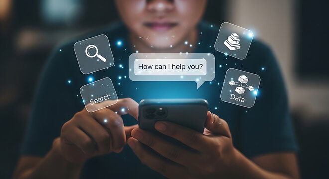 User interacting with virtual artificial intelligence chat bot assistant