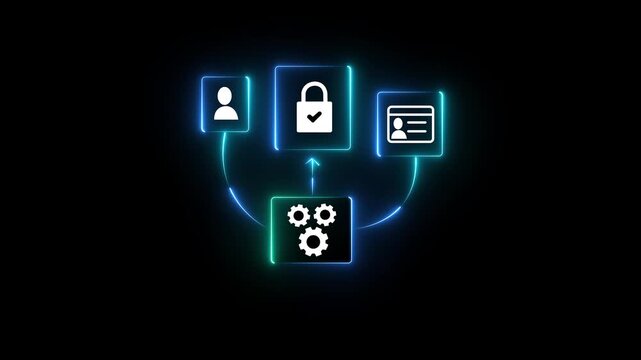 Person typing on laptop with holographic security icons of lock, data protection, and identity verification in modern office setting for secure typing 4k video...