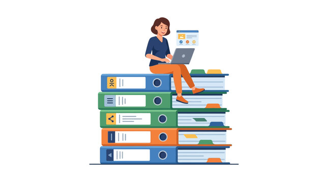 Woman sitting on stack of binders.
