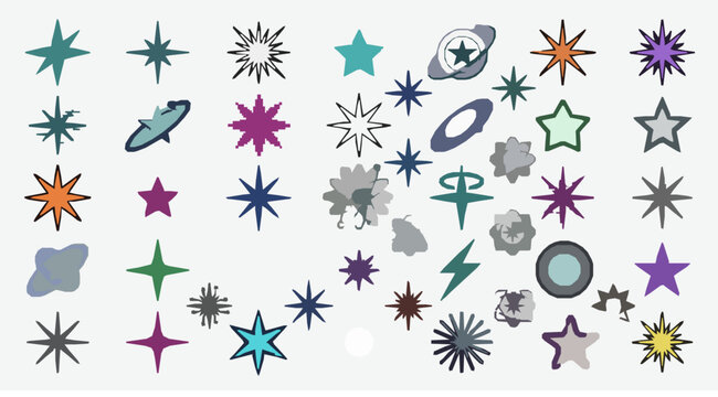 Early 2000s Futuristic Starburst Elements and Digital Blink Shapes Vector Illustration Set