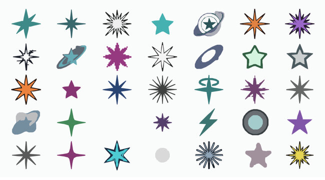 Retro Y2K Starburst and Blink Symbol Set with Futuristic Abstract Geometric Elements Vector Collection
