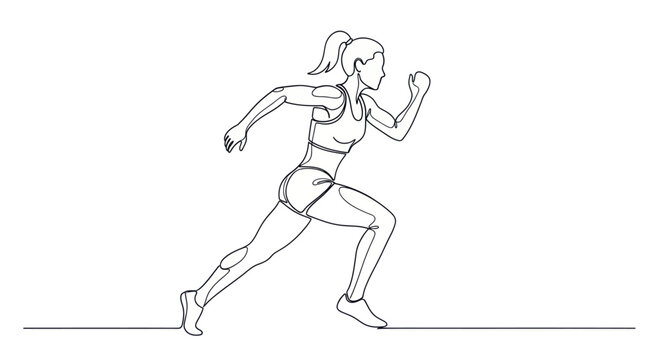 Dynamic continuous line drawing of a female runner in motion.