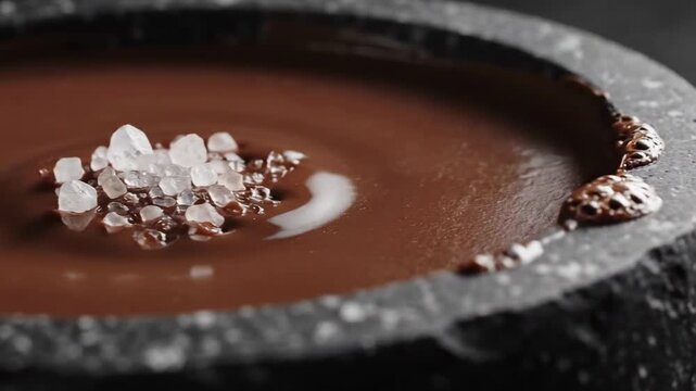 Glossy chocolate custard in a dark stone bowl with coarse sugar crystals, macro rim texture, cool dramatic light, and rich pudding day dessert styling for an artisanal sweet still life scene