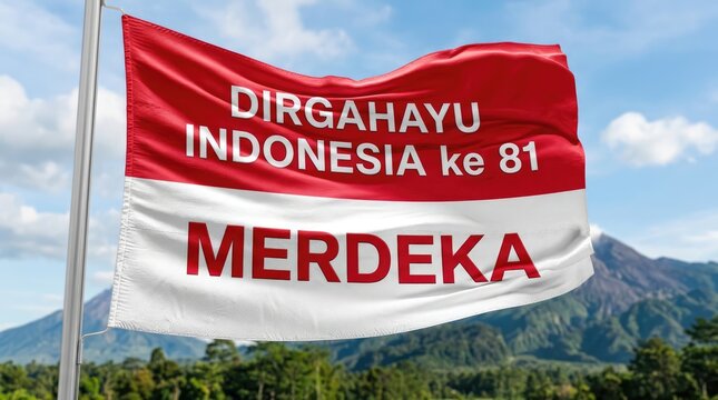 Indonesian flag celebrating 81 years of independence, with Merdeka prominently displayed, set against a backdrop of mountains and sky