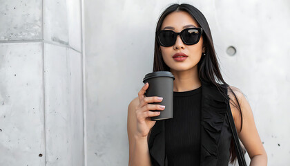 Fototapeta premium Stylish woman holding a coffee cup, wearing sunglasses and a black ruffled top, urban background with concrete wall texture