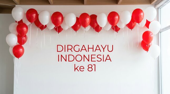 Red and white balloons forming an arch above text that says DIRGAHAYU INDONESIA ke 81, celebrating Indonesia's 81st anniversary