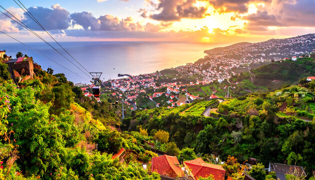 Scenic coastal town nestled on a hillside overlooking the ocean at sunset with cable car overhead, vibrant green foliage