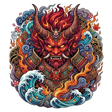 Eternal Oni Hunger &ndash; Vibrant Shuten Doji Oni Tattoo Design with Traditional Japanese Mythology