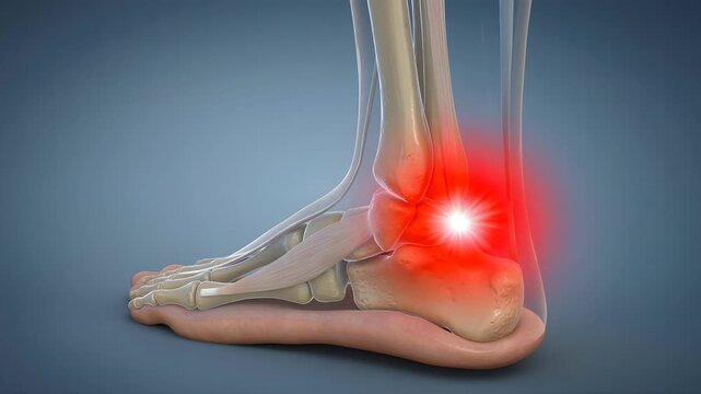 3D anatomical medical illustration of human foot and ankle bones with a glowing red spot representing acute joint pain, inflammation, or injury