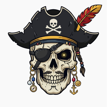 A cartoon pirate skull wearing a black hat with a white skull and crossbones, eye patch, and jewelry