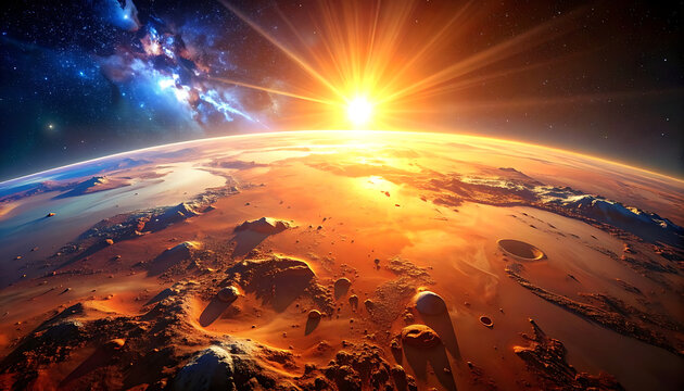 Sunrise over alien planet surface, glowing sunburst, textured terrain, distant galaxy in starry sky, dramatic illumination, cosmic vista, science fiction