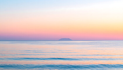 Naklejka premium Serene ocean sunset with soft pastel sky, calm water, and distant island, peaceful seascape, travel and vacation concept