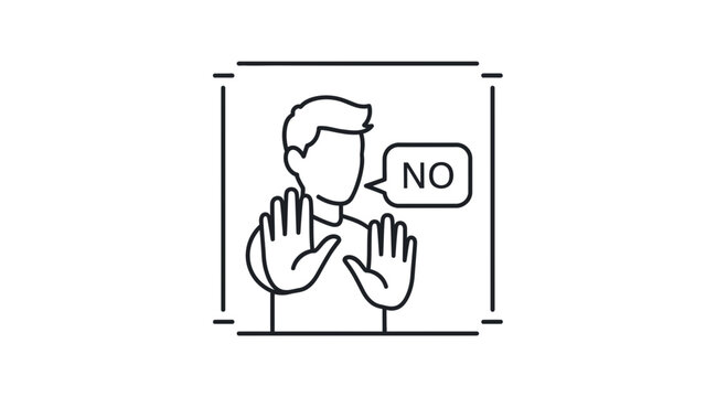 Man says NO with hands outstretched, stop gesture, rejection, disagreement icon