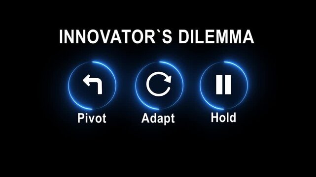 Innovator dilemma challenges decision making to pivot adapt or hold strategies for business growth black background and success in competitive markets 4k videi...