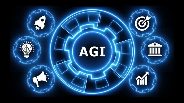 Artificial general intelligence concept with glowing blue gear animation visuals.