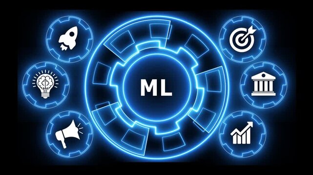 Machine learning concept with neon digital gear interface on a black background.