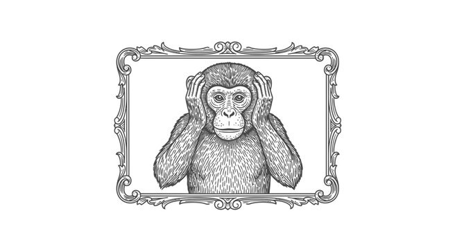 Vintage Monkey Covering Ears in Ornate Frame, See No Evil Concept