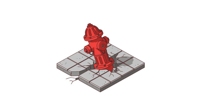 Illustrated red fire hydrant on tiled pavement surface.