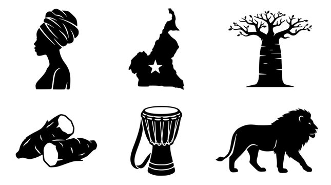 Black silhouettes of african symbols and objects in vector graphic design