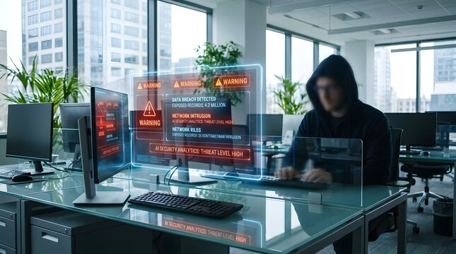 Corporate cybersecurity incident response concept featuring holographic breach alerts, network intrusion warnings, exposed records, and AI-driven security monitoring.
