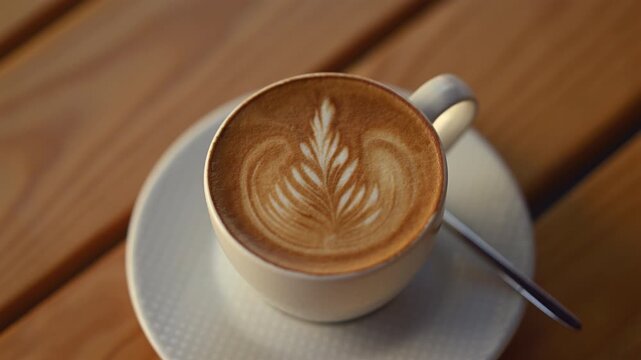 Freshly prepared latte served in a ceramic cup with elegant leaf shaped latte art on creamy foam