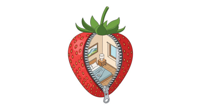 Strawberry unzipped revealing small house inside illustration.