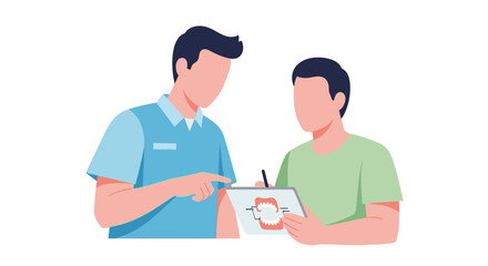 Fototapeta premium Two men discussing a document with a logo on a tablet.