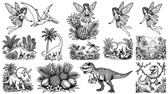 Whimsical vector illustrations of fairies and dinosaurs in tropical settings