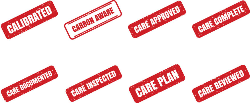 Calibrated Carbon Aware Care Approved Care Complete Care Documented Care Inspected Care Plan Care Reviewed Grunge Rubber Stamp Vector Set
