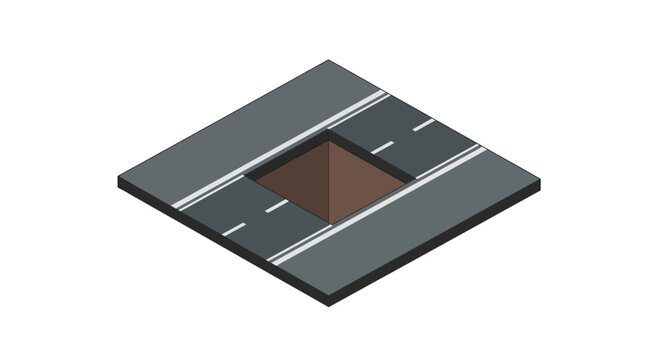 Isometric road intersection with damaged asphalt section.