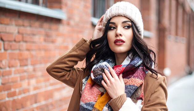 Stylish woman in winter fashion, wearing a knitted hat and colorful scarf, posing outdoors against a brick wall, cool weather style