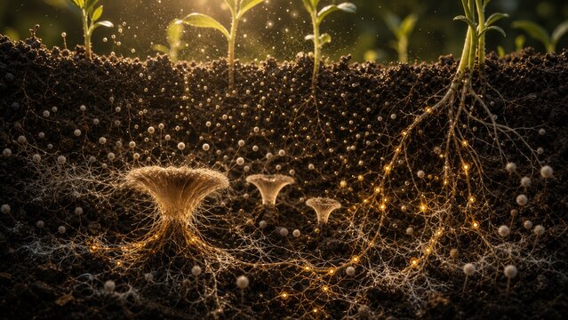 Fungal Spore Rain in Soil, Mycology and Plant Root Network Illustration
