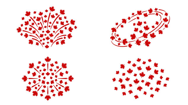 Red maple leaves form fireworks shapes on a white background